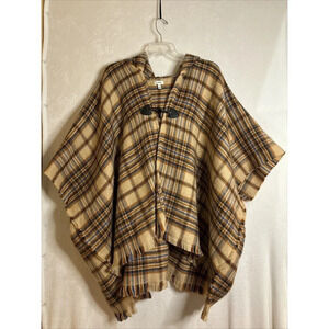Aerie Hooded Plaid Poncho Shall Women's One Size Tan Toggle Front Closure